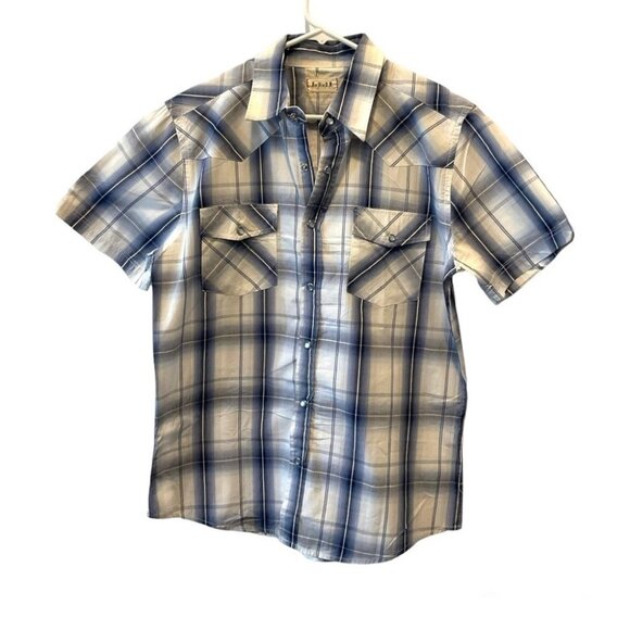 For Him U.K. blue white Plaid button up Shirt short sleeve Size L - Picture 7 of 7